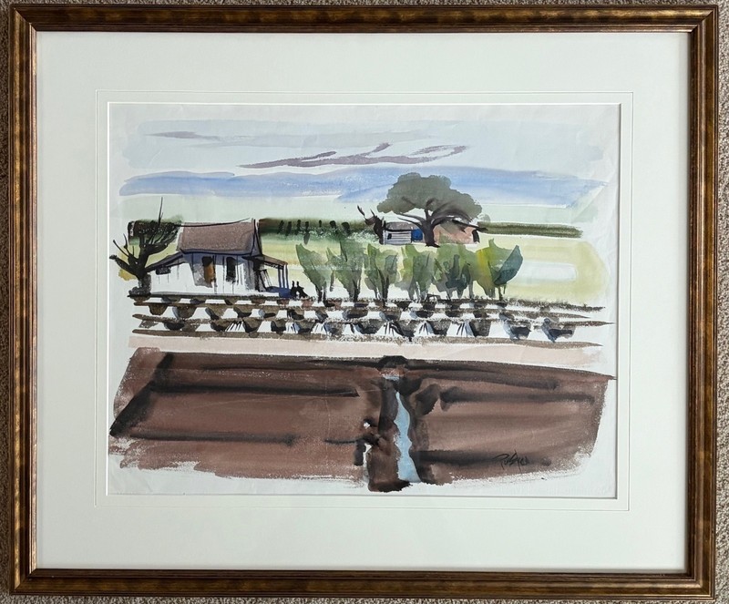 Rollin Pickford, 1970's Central California Farmscape Regionalist Watercolor