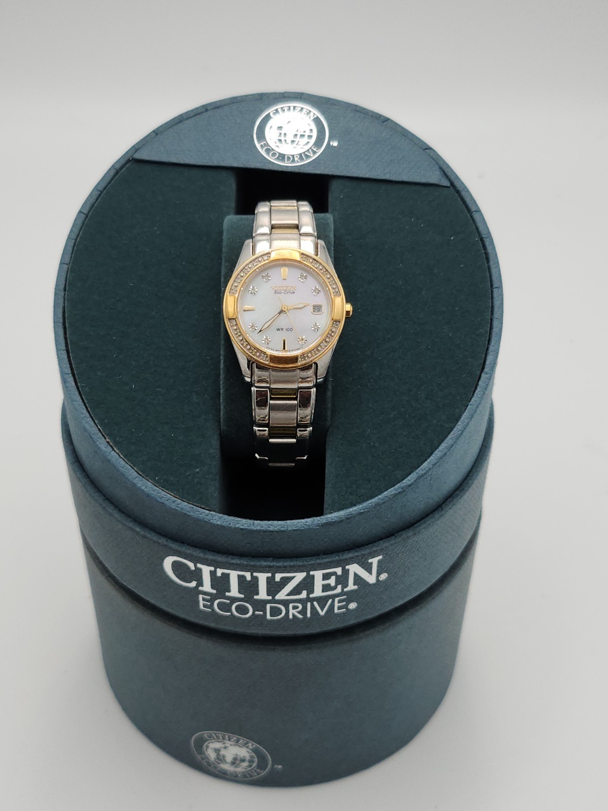 Citizen Eco-Drive Diamond Bezel Two-Tone Bracelet Mother Of Pearl Dial Date 100m image 2