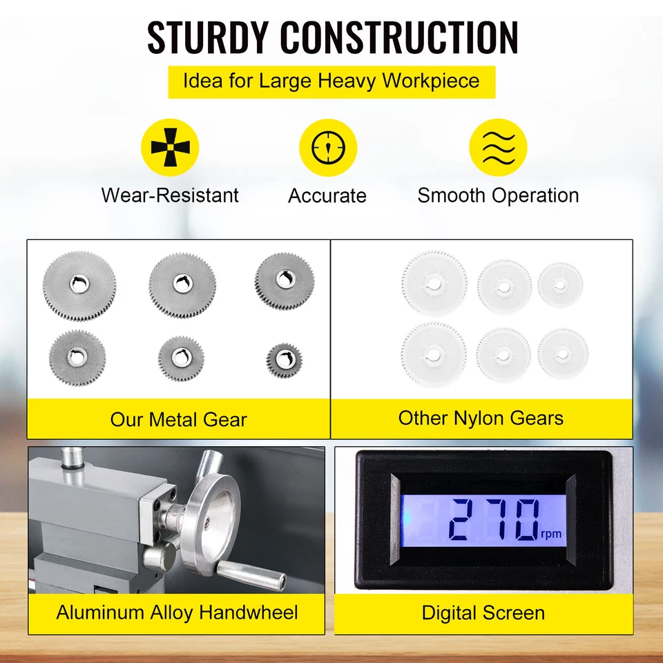 Tornio Per Metallo Mini Tornio 220x750mm 1.1KW PerForatura a Tornitura Frontale - Immagine 3 di 4