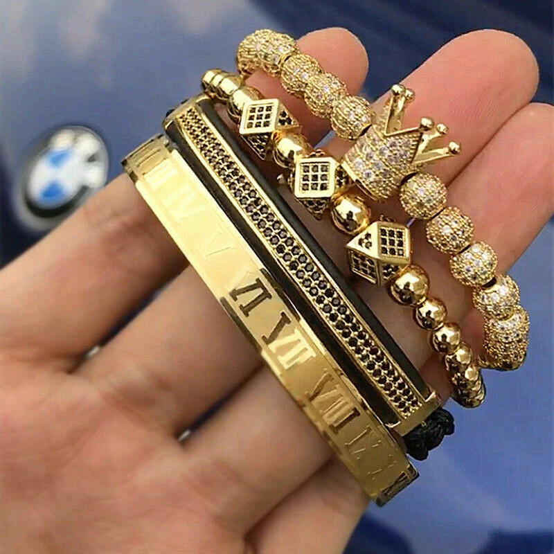 Men 18kt Gold Plated CZ Crown Bracelet Roman Numeral Stainless Steel Cuff Bangle
