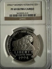 1994 P. WOMEN VETERANS  ONE DOLLAR COIN. NGC PF-69 ULTRA CAMEO.