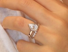 2.00 Ct Pear Shape Bezel Set Bridal Ring Set, Round Cut Wedding Matching Band