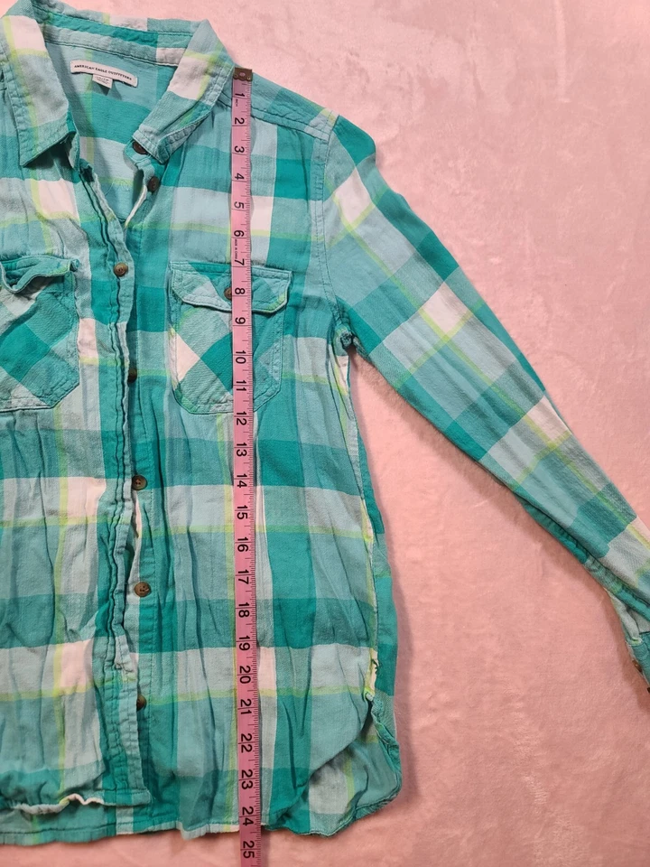 American Eagle Outfitters Teal White And Yellow Plaid Shirt Flannel Size XSmall - Image 4 of 4