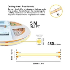 8mm COB LED Strip Cool White 6000ºK 24V 10W/m 1100lm/m 480LED/m 16.4ft