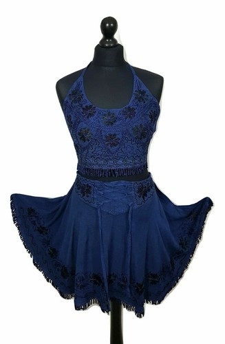 GOTH CRUISE BOHO PEASANT NAVY MINI CORSET SKIRT HALTER TOP SET OS 10 12 14