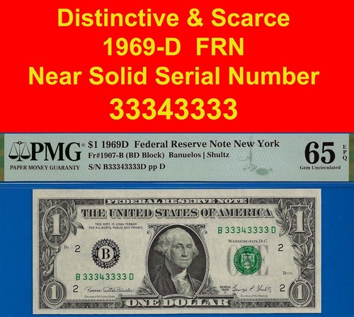 1969D $1 Federal Reserve Note PMG 65EPQ wanted near solid serial number 33343333