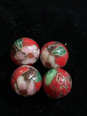 4 Vintage Red w Pink Flowers Leaves Cloisonne Chinese Enamel Round Beads 10mm 