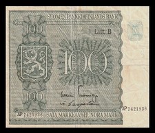 🇫🇮 Finland 100 Markkaa P-88 1945 ND(1948) Litt.B * Scarce * BANKNOTE