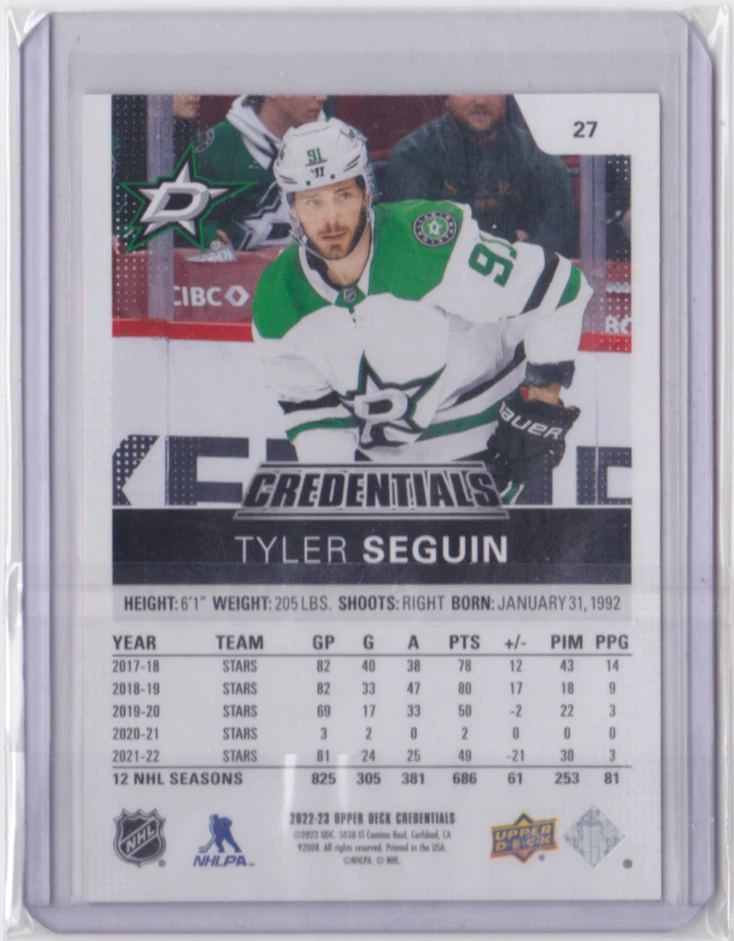 2022-23 UD CREDENTIALS ORANGE BASE PARALLEL /149 TYLER SEGUIN #27 DALLAS STARS - Image 2 of 2