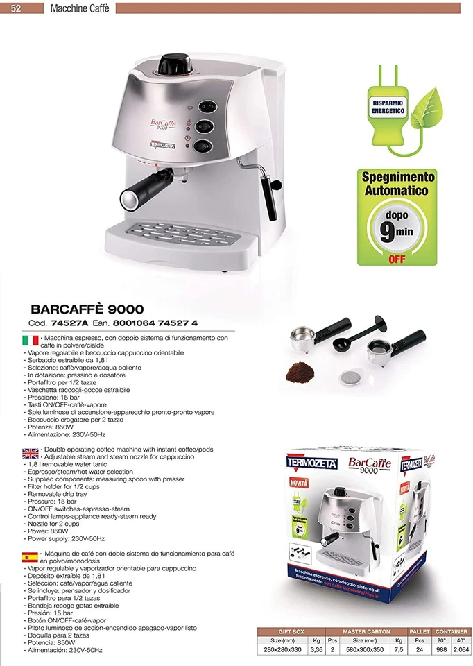 MACCHINA CAFFE TERMOZETA BARCAFFE 9000 PER CIALDE E MACINATO  1 - 2 TAZZE 850W - Immagine 2 di 3