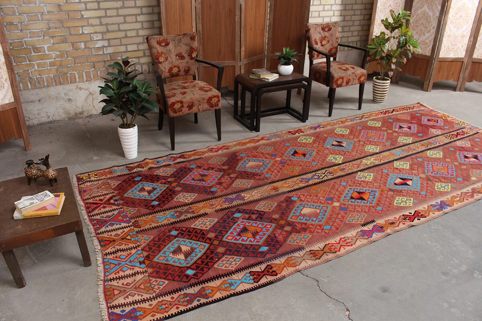 Alfombra alfombra vintage de lana hecha a mano geométrica Kilim tejido plano corredor 5x12 Foto 2 de 4