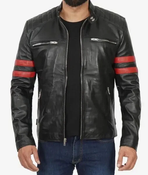 Biker Black Quilted With Red Stripe Cafe Racer Leather Motorcycle Jacket For Men