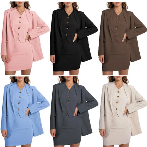 Women's 3 Piece Skirt Sets Business Casual Short Skort Blazer Suit Jacket Vest