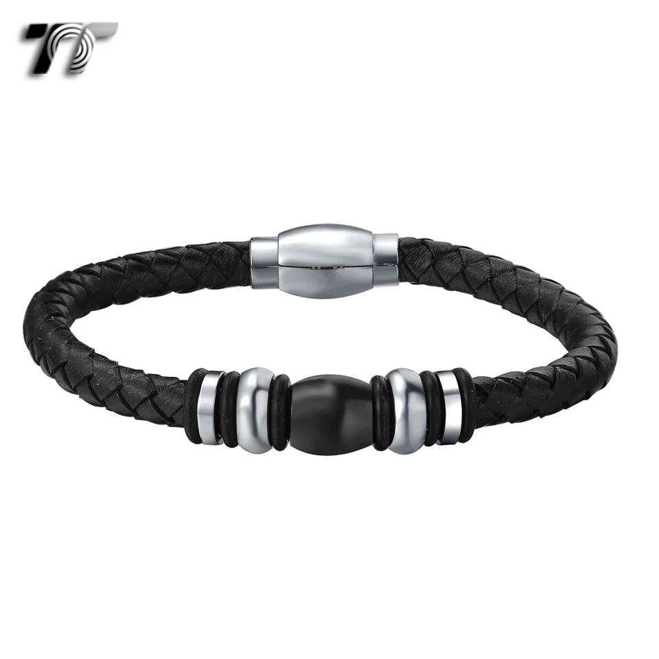 Collar + Pulsera TT Cuero Negro Acero Imán Dos Tonos Cuentas Hebilla Collar Foto 3 de 3