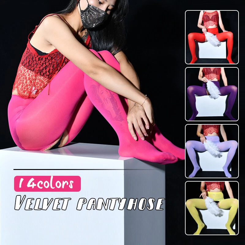 Mujeres Sexy 100D Terciopelo Medias Cintura Alta Entrepierna Abierta Pantimedias Semi Transparentes Medias Foto 2 de 4
