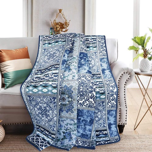 Quilted Throw Blanket for Bed Couch Sofa, Blue Classic Bohemian, 60X78