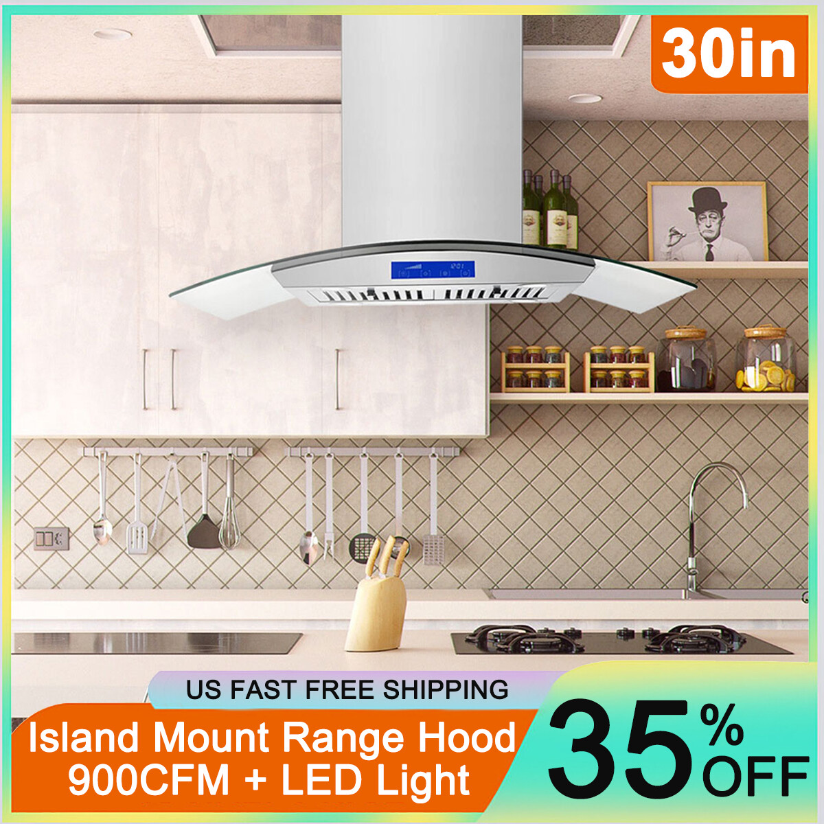 30" Glass Island Range Hood 900CFM Kitchen Stainless Steel Vent 3Speed