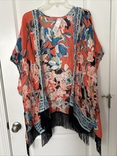Chicos Floral Duster/Kimono 100 Linen Fringed Sz S/M