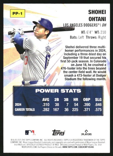 2025 Topps Celebration Power Players #PP1 Shohei Ohtani INSERT DODGERS - Picture 2 of 2