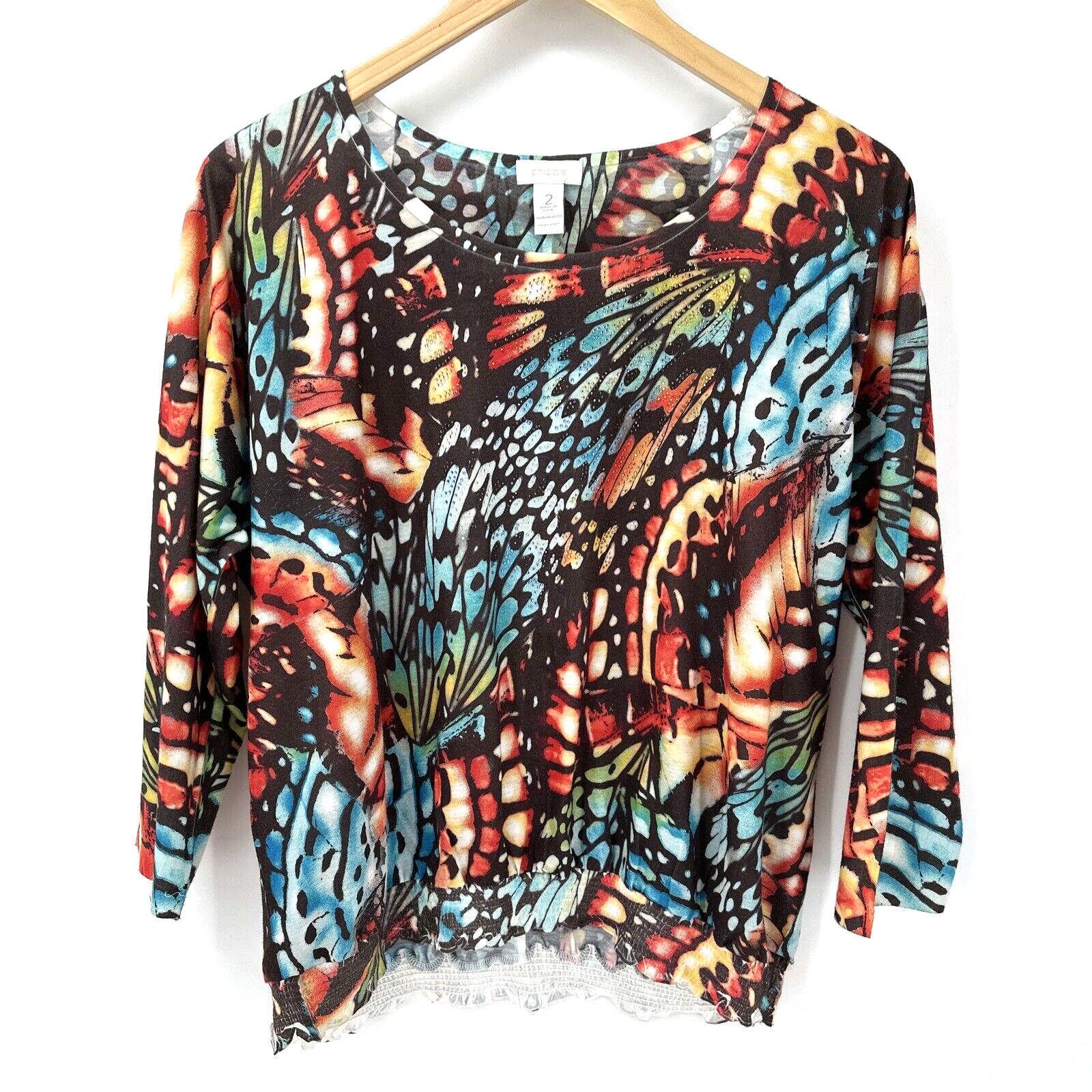 Chico's Blouse Womens Large Butterfly Beaded Pullover Art to Wear 3/4 Sleeve