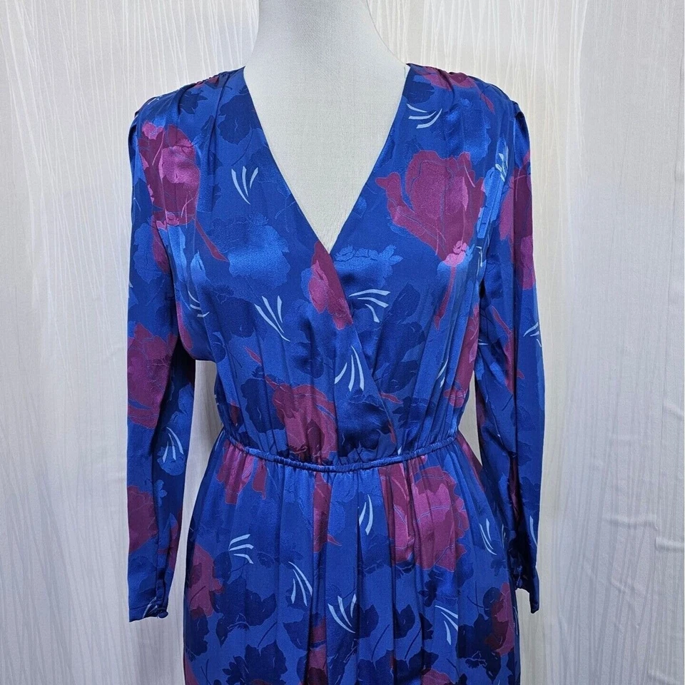 Винтажный Nordstrom точка зрения шелк цветочный миди платье синий фиолетовый 12 Корея - Изображение 3 из 4