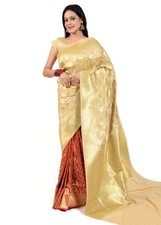 Banarasi Vastra Satin Silk Woven Zari Brocade Heavy Banarasi Saree Beige Red