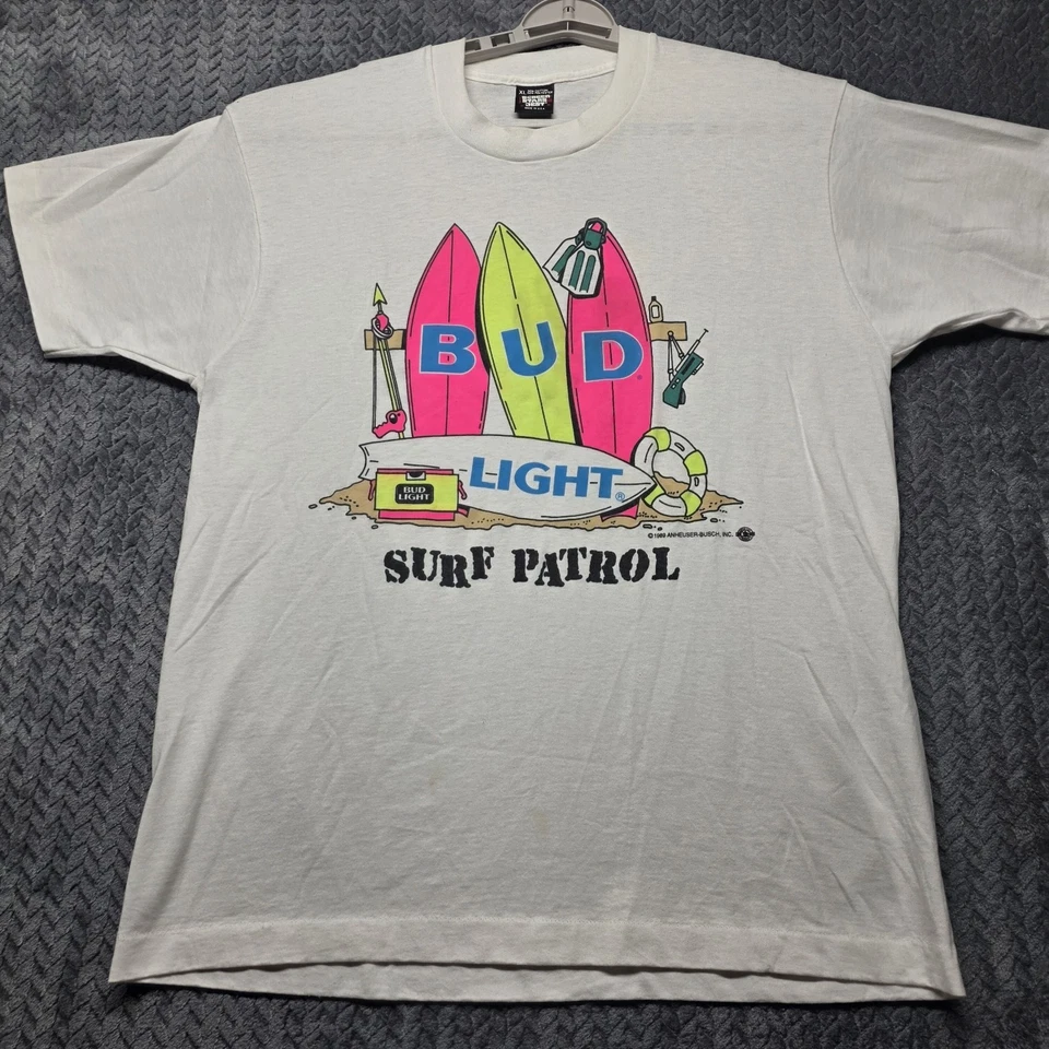 Винтажная мужская футболка 1989 Bud Light Surf Patrol XL белый экран звезды лучшая сделано в США - Изображение 2 из 4