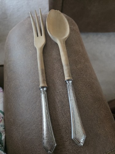 Vintage Sterling Silver Handle Dark Wood Spoon & Fork Salad Servers