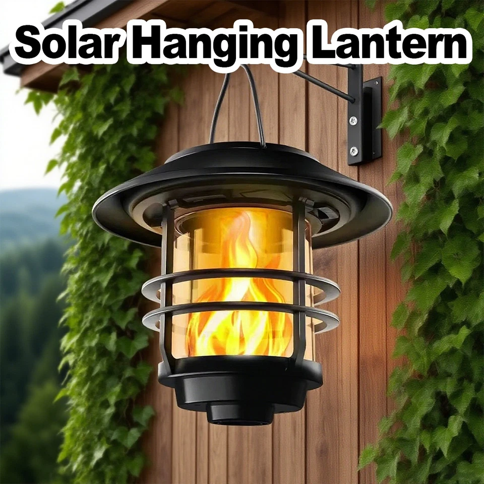 Solar Hanging Flickering Flames LED Lantern Outdoor Decorative Lights Porch Lamp - Image 1 of 4
