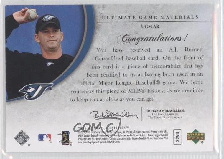 2006 Ultimate Collection Ultimate Game Materials /50 AJ Burnett #UGM-AB - Image 2 of 2