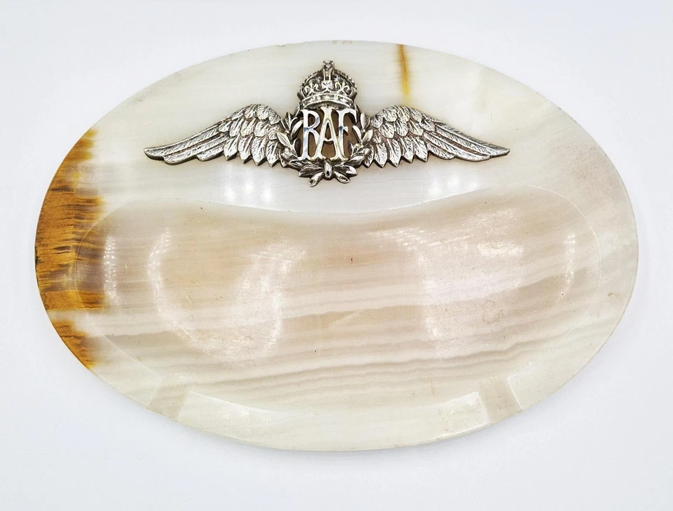 CENICERO DE ESCRITORIO ART DECO ROYAL AIR FORCE MONTADO EN CRESTA GRANDE DE ÓNIX c1940 Foto 2 de 4