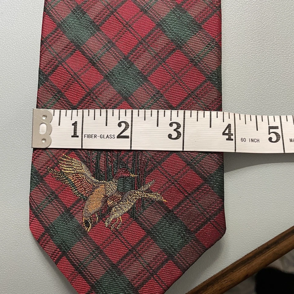 Corbata a Cuadros Orvis Rojo Bordado Patos Tartán Vacaciones Navidad Seda Preppy Foto 4 de 4