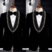 Formal Men Suit with Beaded Shawl Lapel Black Prom Outfits Hosting Wedding 2Pcs