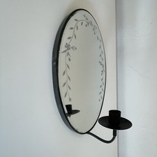 Antique Vintage Hanging Oval Etched Beveled Wall Mirror With Candle Sconce