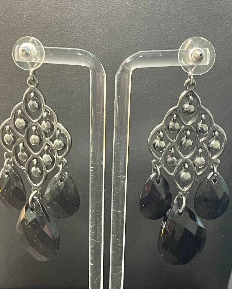 White House Black Market WHBM Earrings Chandelier Drop Black Bead Crystal 3" - Image 3 of 4