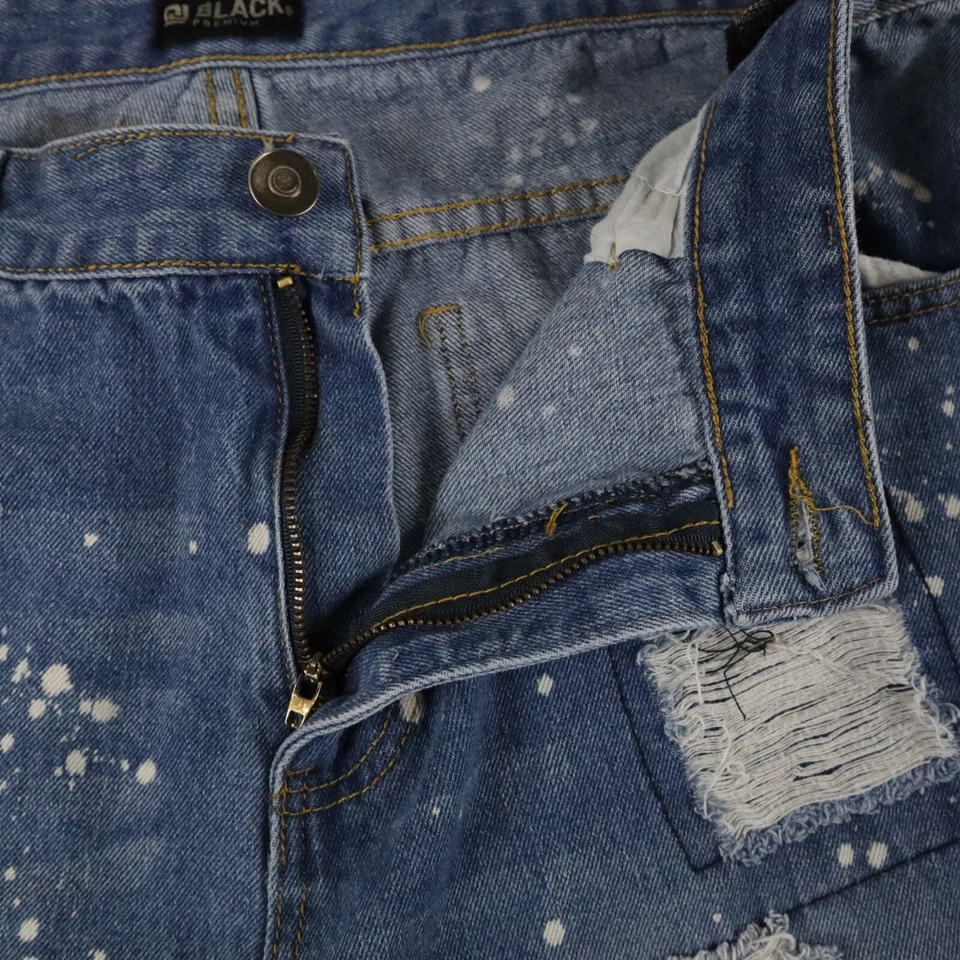 Pantalones Cortos de Jean Negros con Hebilla para Hombres 38 Premium Moto 5 Bolsillos Azul Denim Envejecido Foto 2 de 4