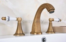 Antique Brass Widespread 3 Holes Bathroom Faucet Dual Ceramic Handle Mixer Tap