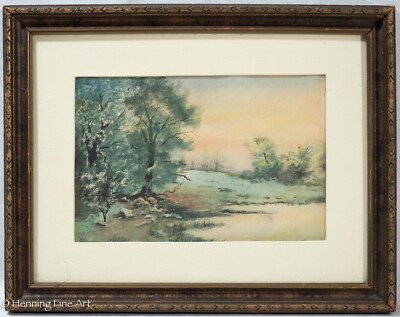 Antique American Landscape Painting Forest Lake Sunset Signed ''LJM'' 2/2