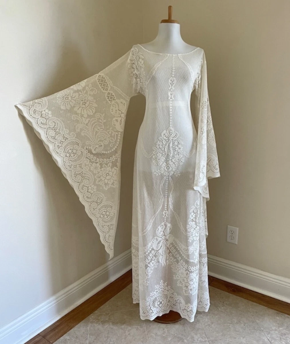 Daisy Jones & the Six Wedding Dress BoHo Sheer Hippy Vtg 70s Ivory Crchet  Lace