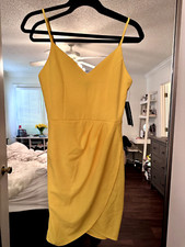 NEW LULU'S Dress Medium Yellow Midi Reinette Faux Wrap Tulip Skirt Sleeveless