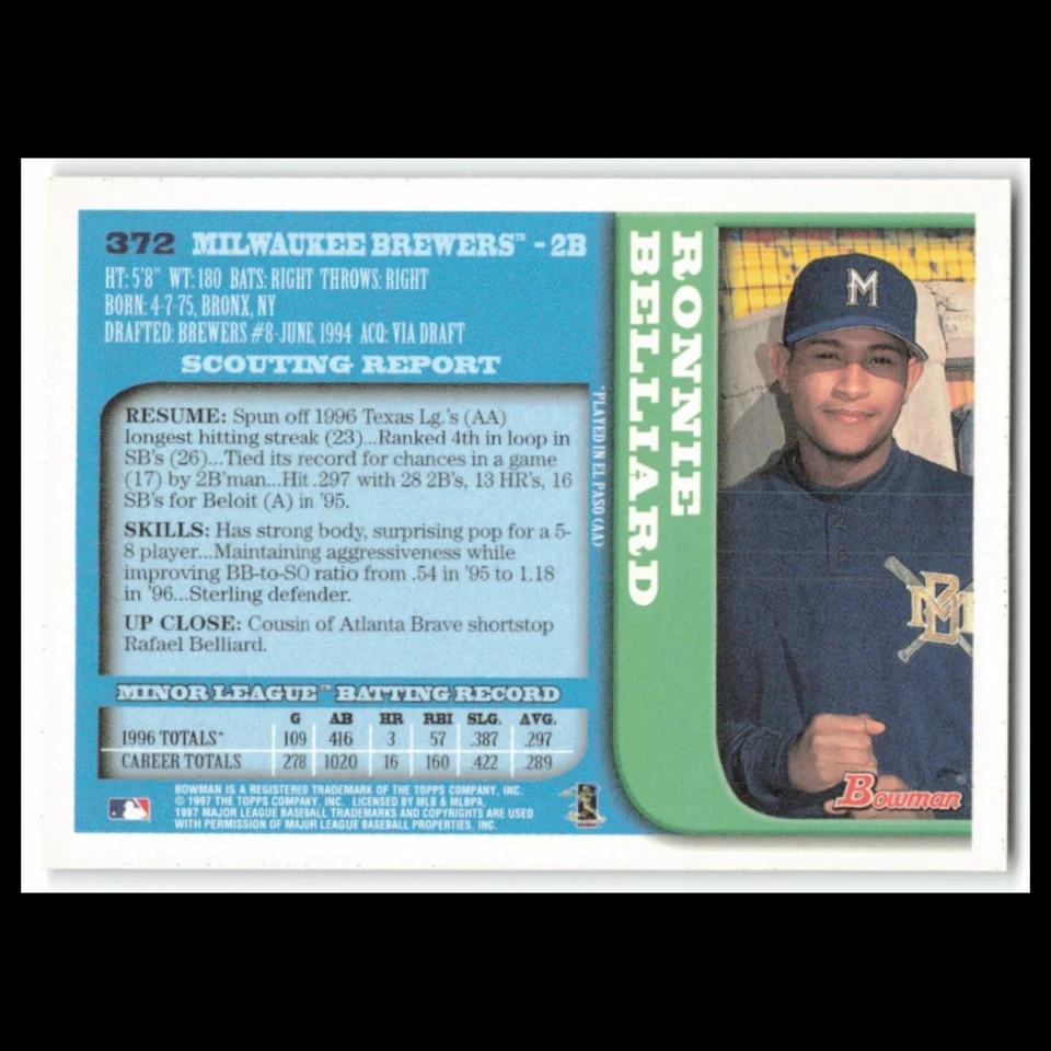 Ronnie Belliard Rookie #372 1997 Bowman Milwaukee Brewers Baseball Card MLB NM - Image 2 of 3