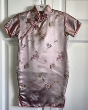 Chinese Asian Girls Dress Rayon Satin Side Zip Snap Mauve Pink with Flowers Sz 6