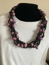Retro Ethnic Multi Strand STATEMENT Purple and Black Beaded  Necklace 