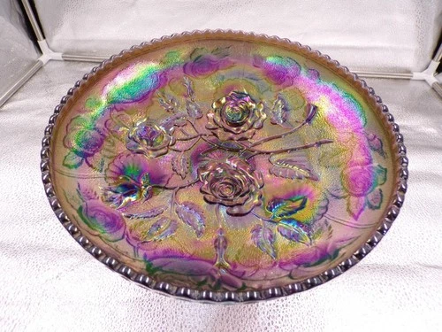 Imperial Glass Lustre Rose carnival glass footed bowl in amethyst             B9