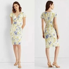 L Ralph Lauren Floral Jersey Surplice Dress Faux Wrap Ruffle Sleeves 4P Romantic