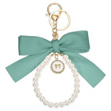 Ribbon Bow Keychain, Cute Pearl Wristlet Keychain Bow Charm, Gray-Green