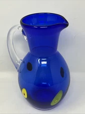 Rare VINTAGE ANNIEGLASS PITCHER BLUE WITH  FLOWERS/STARS SIGNED ART GLASS
