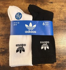 adidas Youth Originals Trefoil 6-Pack Crew Socks Size L 3Y-9 White/Black NEW
