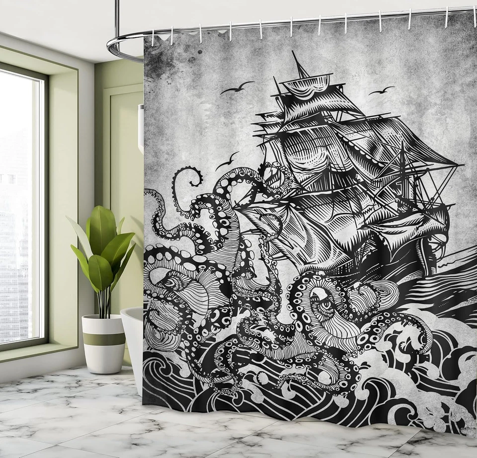 Juego de Cortinas de Ducha Náuticas Ambesonne con 12 Ganchos Tema Océano Baño Monocro Foto 4 de 4