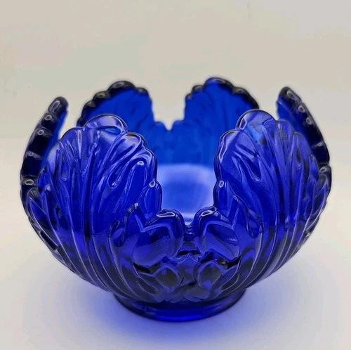Fenton Glass Cobalt Rose Lotus Leaf Votive Bowl Candle Holder